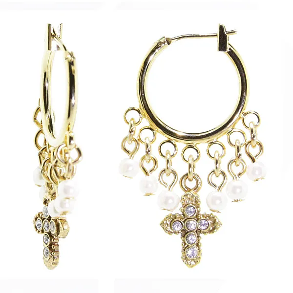 1928 Jewelry White Faux Pearl And Crystal Cross Hoop Drop Earrings