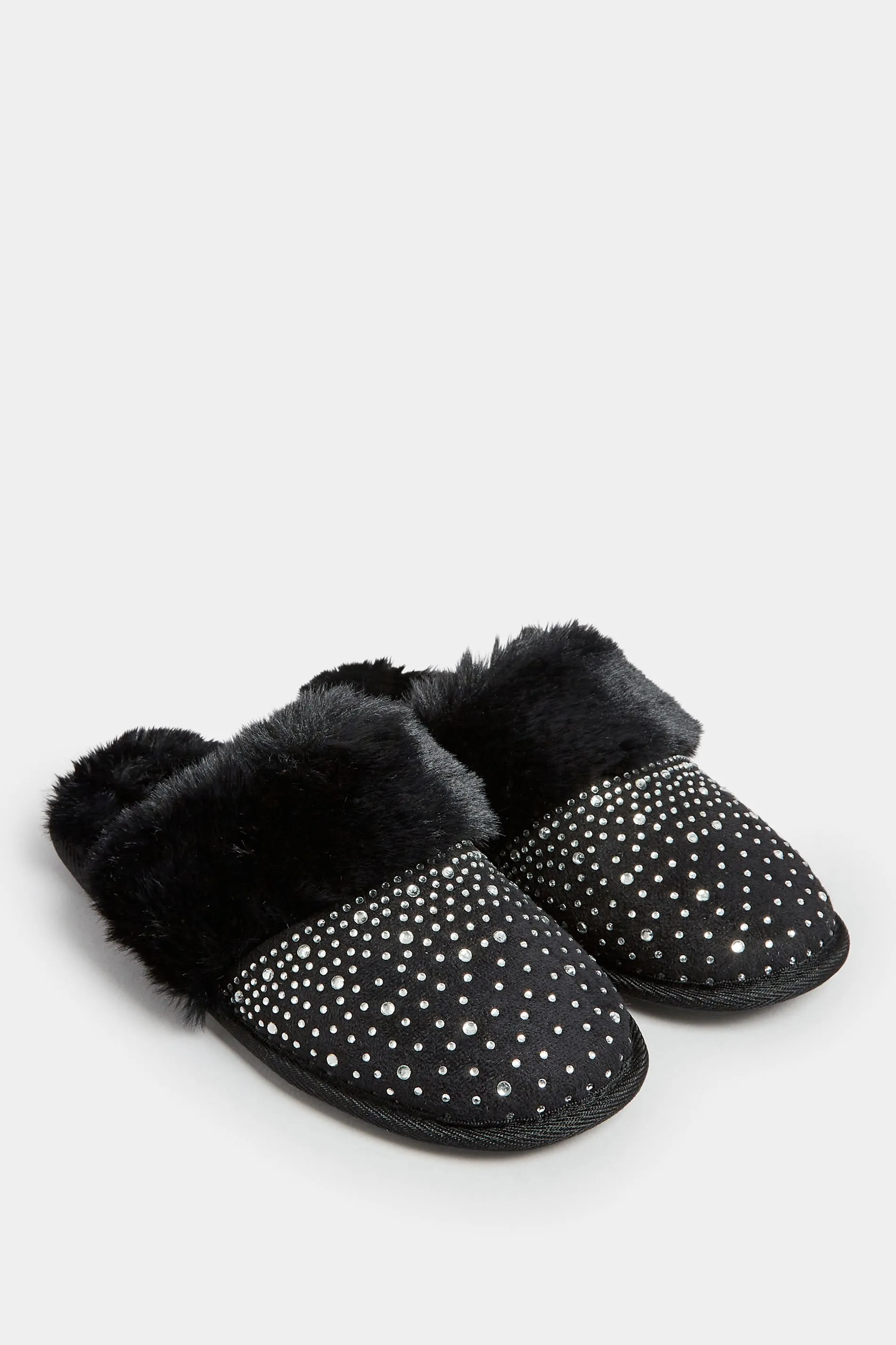 Black Diamante Faux Fur Slippers In Wide E Fit