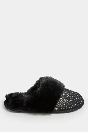 Black Diamante Faux Fur Slippers In Wide E Fit