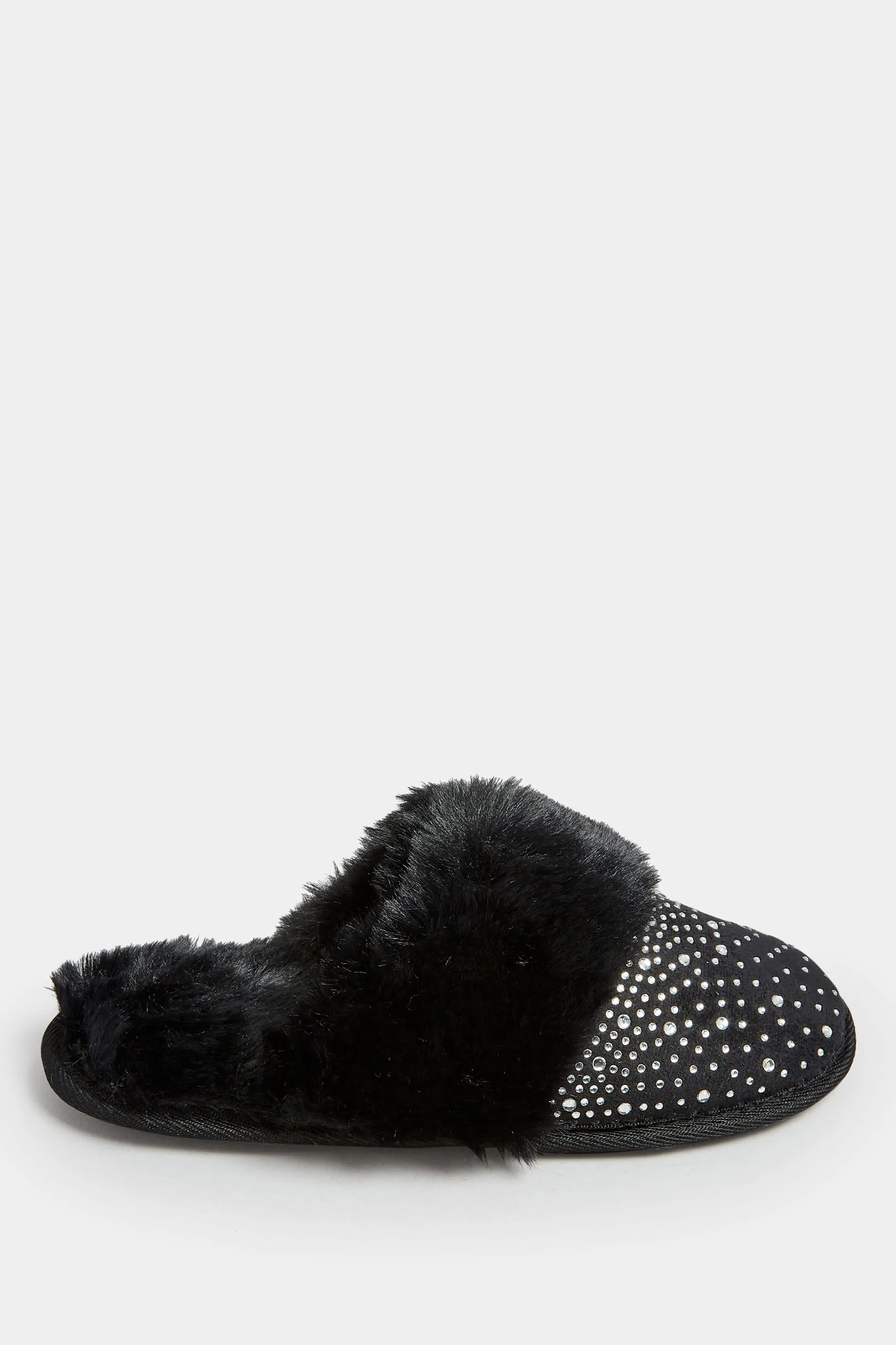 Black Diamante Faux Fur Slippers In Wide E Fit