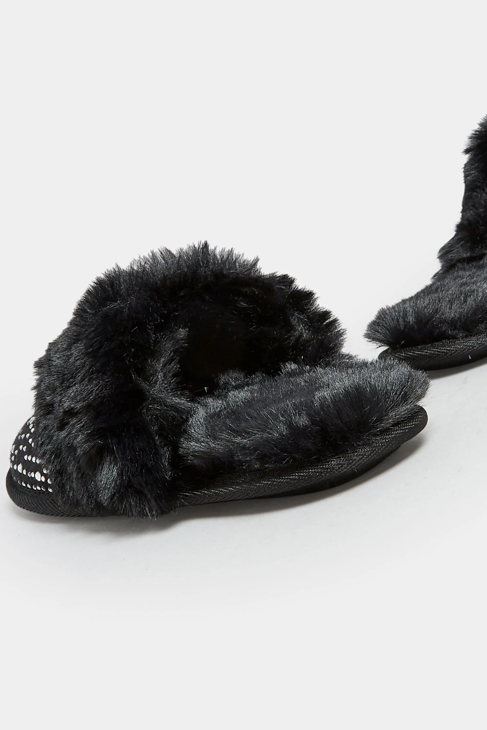 Black Diamante Faux Fur Slippers In Wide E Fit