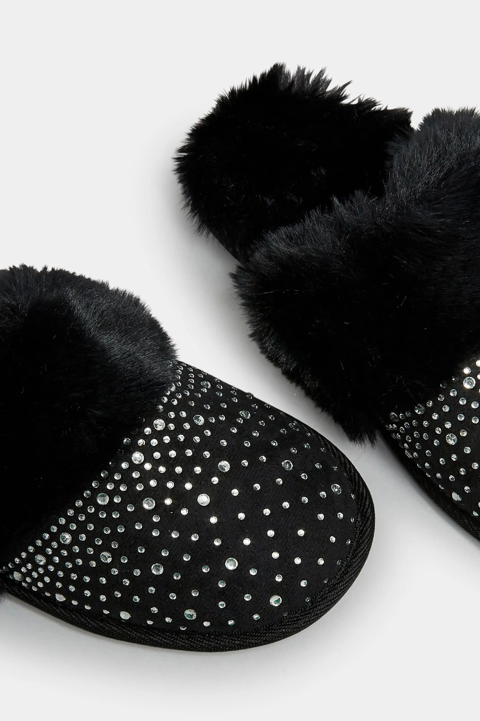 Black Diamante Faux Fur Slippers In Wide E Fit