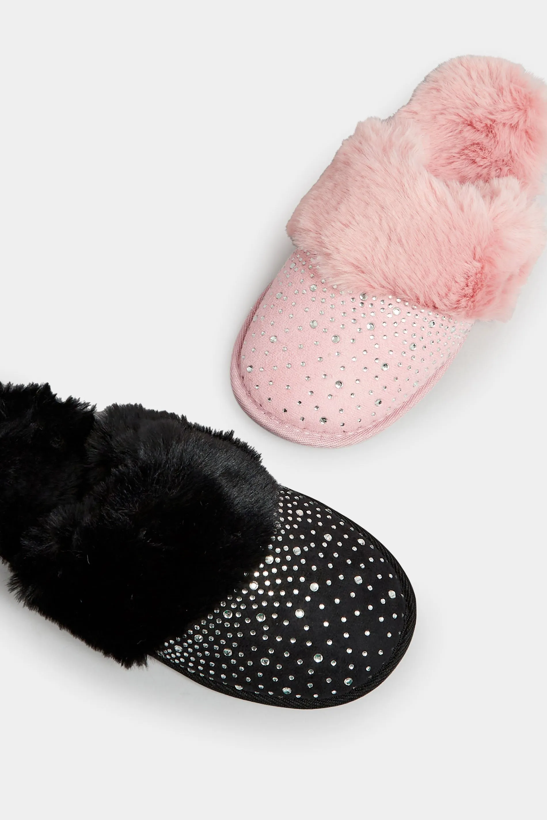 Black Diamante Faux Fur Slippers In Wide E Fit