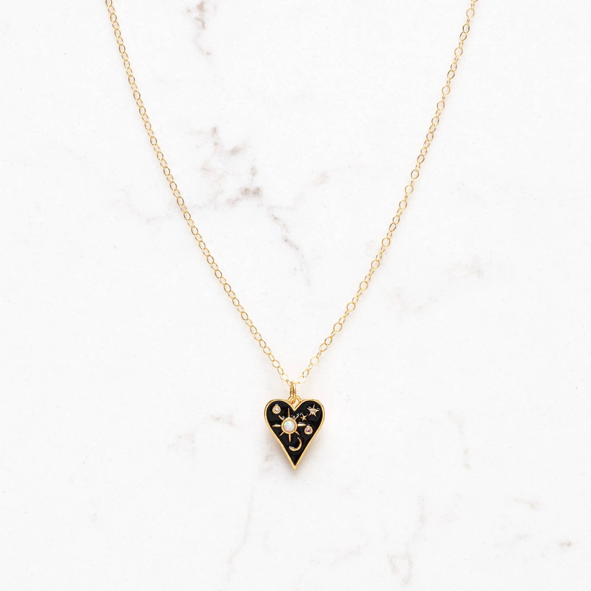 Celestial Black Heart Enamel Necklace With Opal