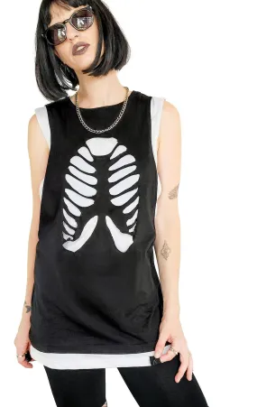 Cut out skeleton Rib Cage tank top in black & white