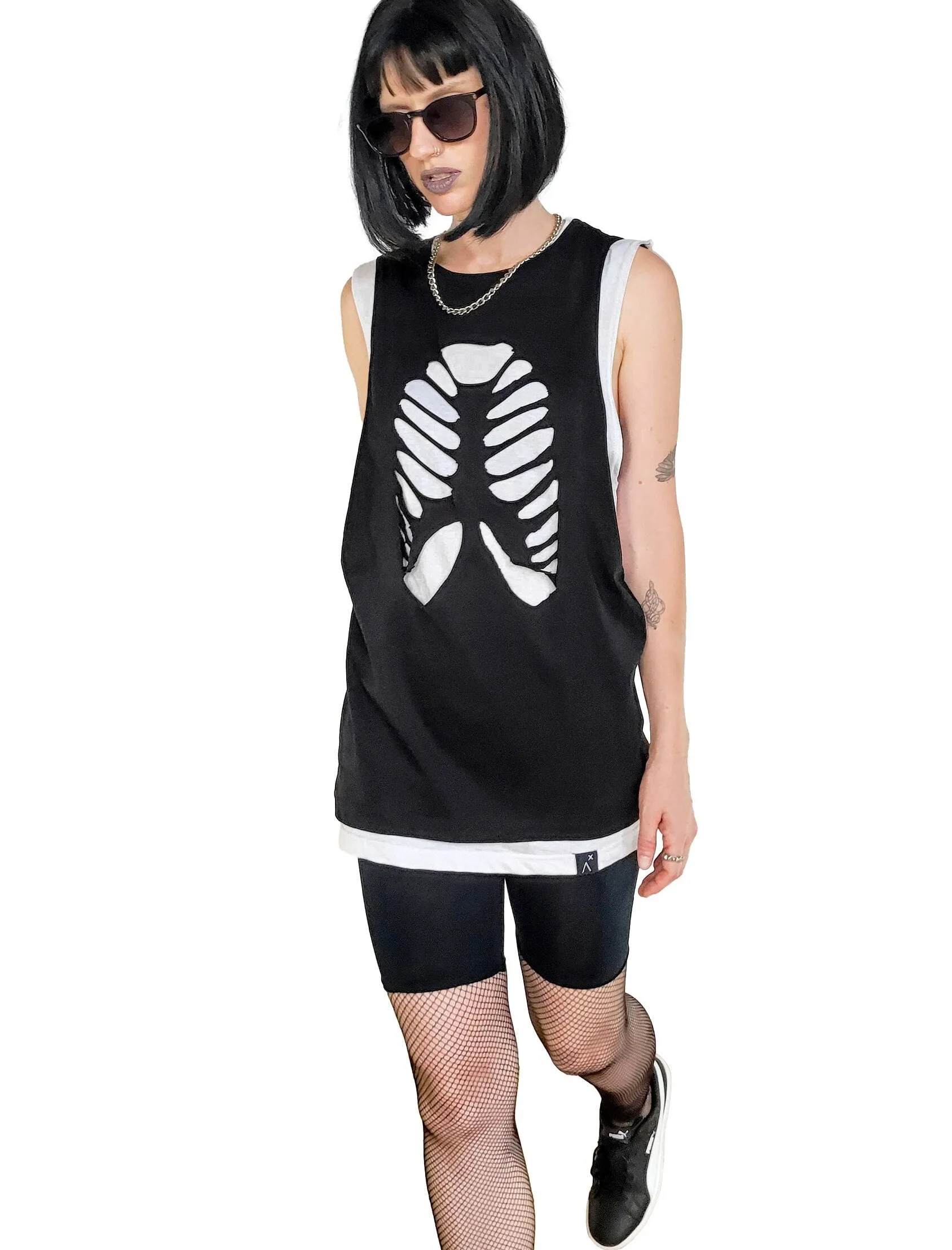 Cut out skeleton Rib Cage tank top in black & white