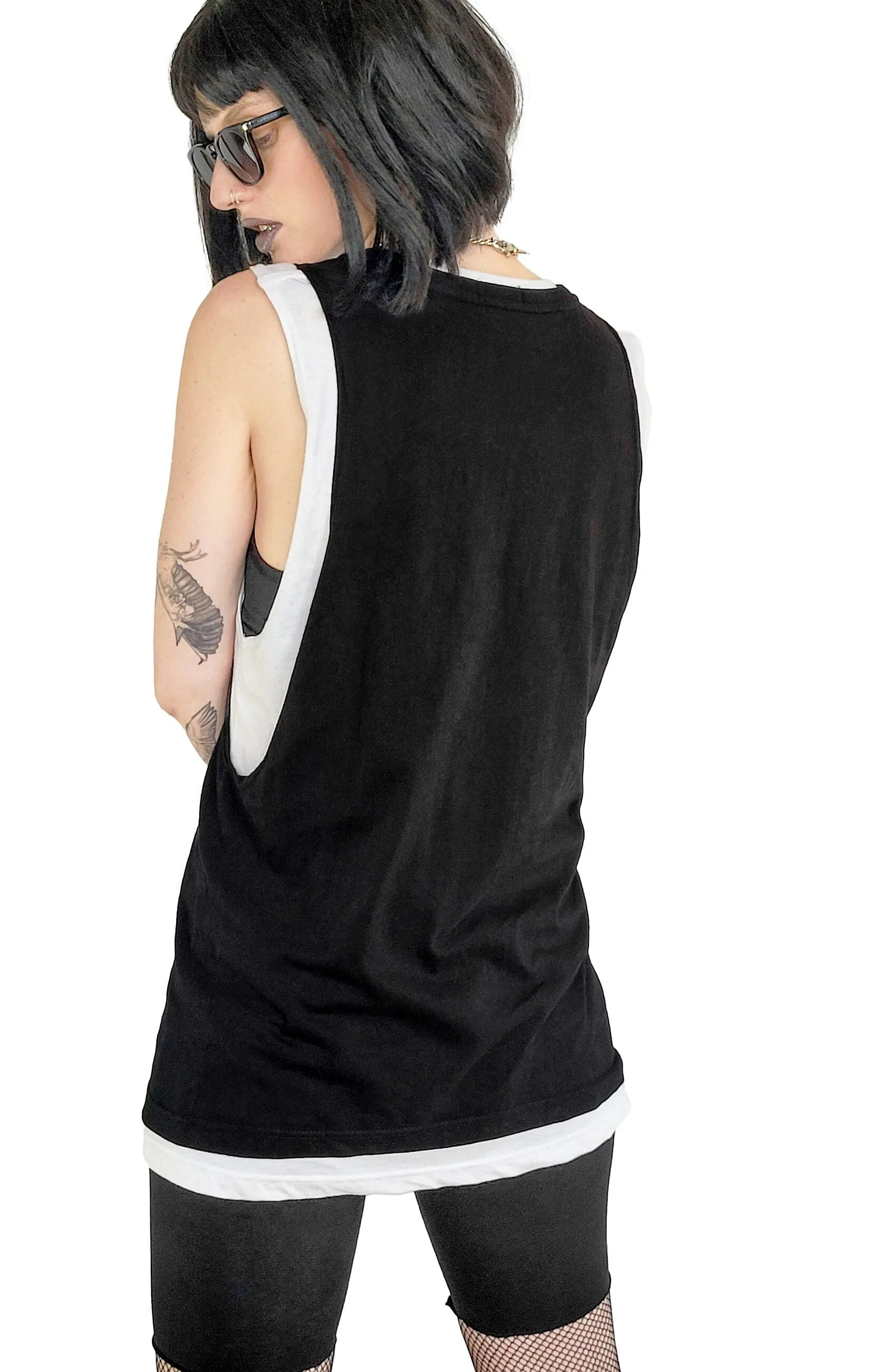 Cut out skeleton Rib Cage tank top in black & white