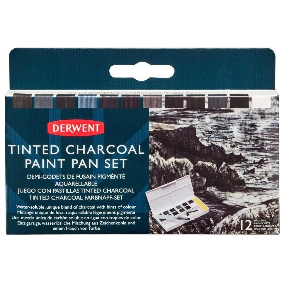 Derwent Tinted Charcoal Paint Pan Colours Set 12 + Waterbrush