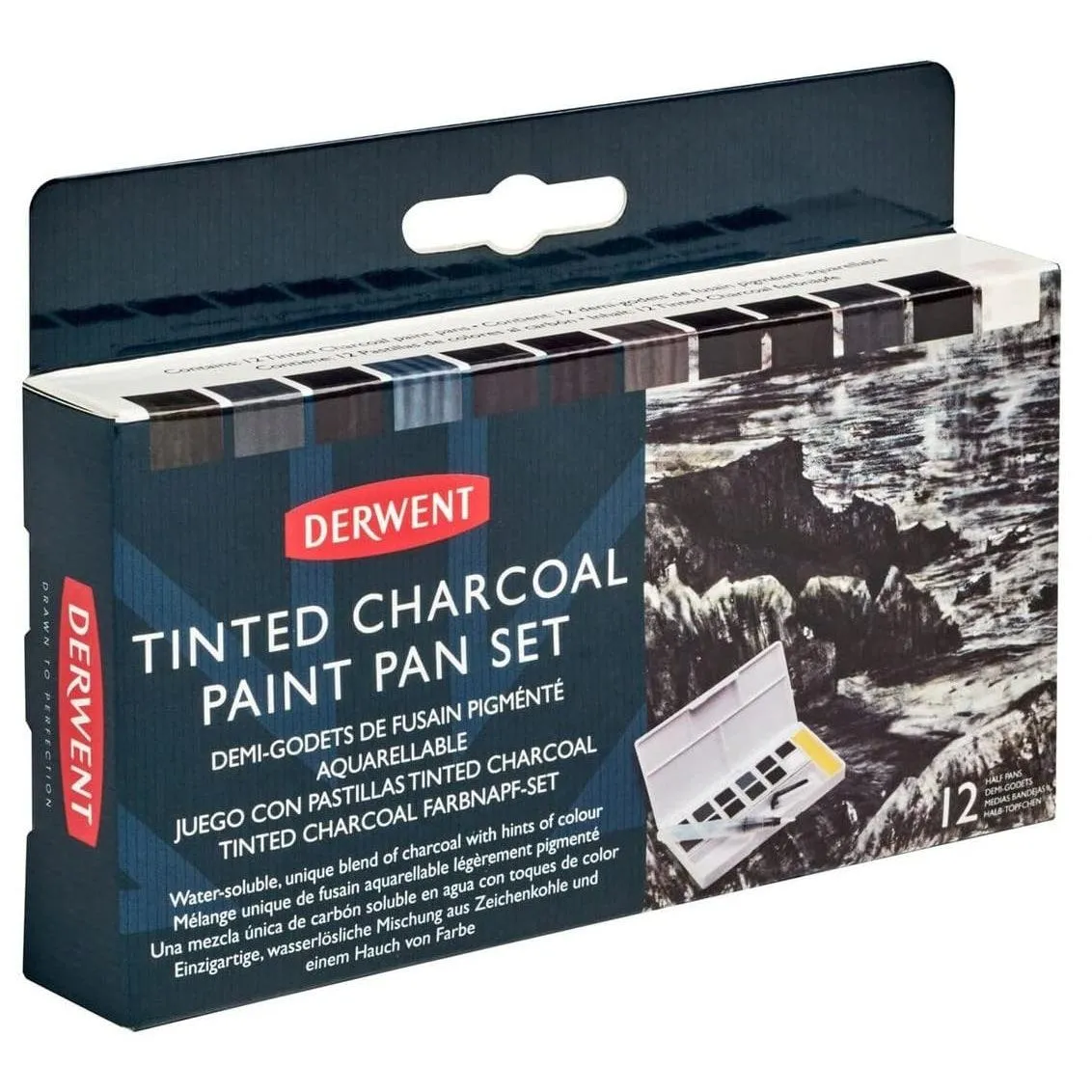 Derwent Tinted Charcoal Paint Pan Colours Set 12 + Waterbrush