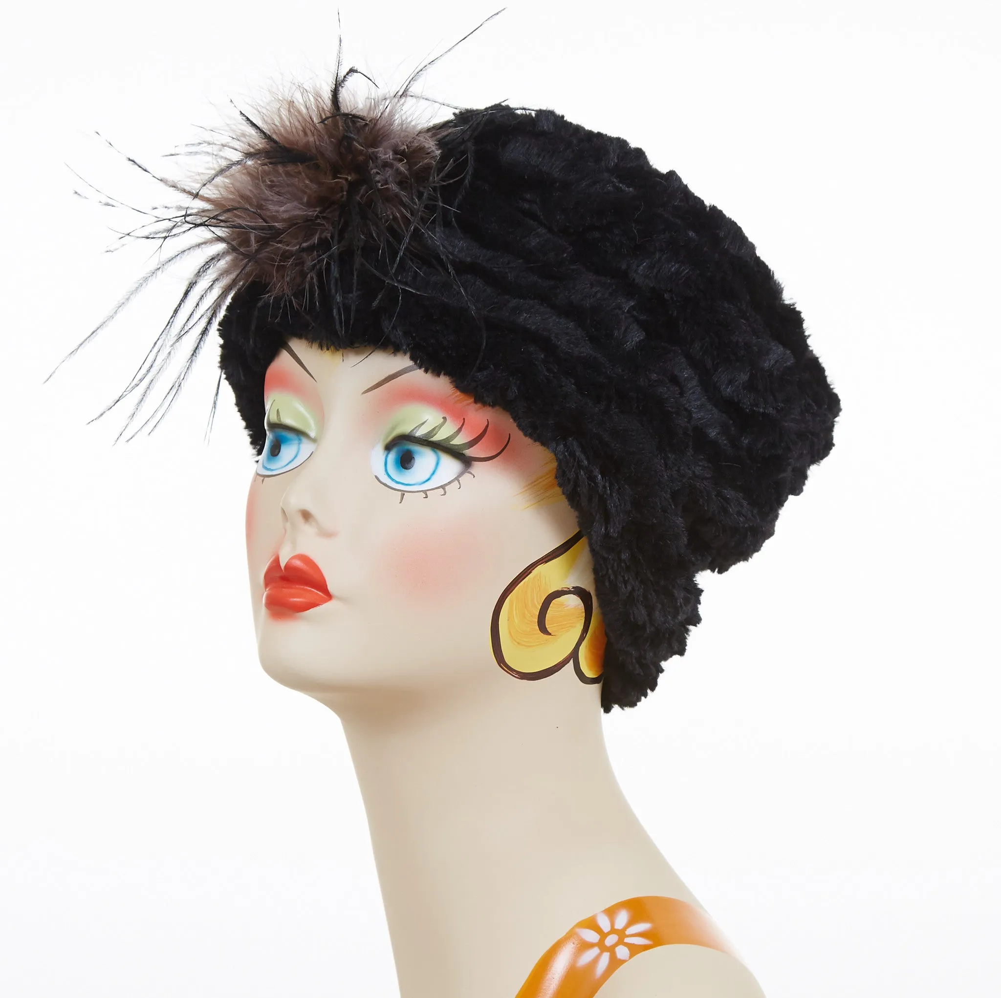 Desert Sand in Midnight Luxury Faux Fur Cuffed Pillbox Hat with Black and Gray Ostrich Feather