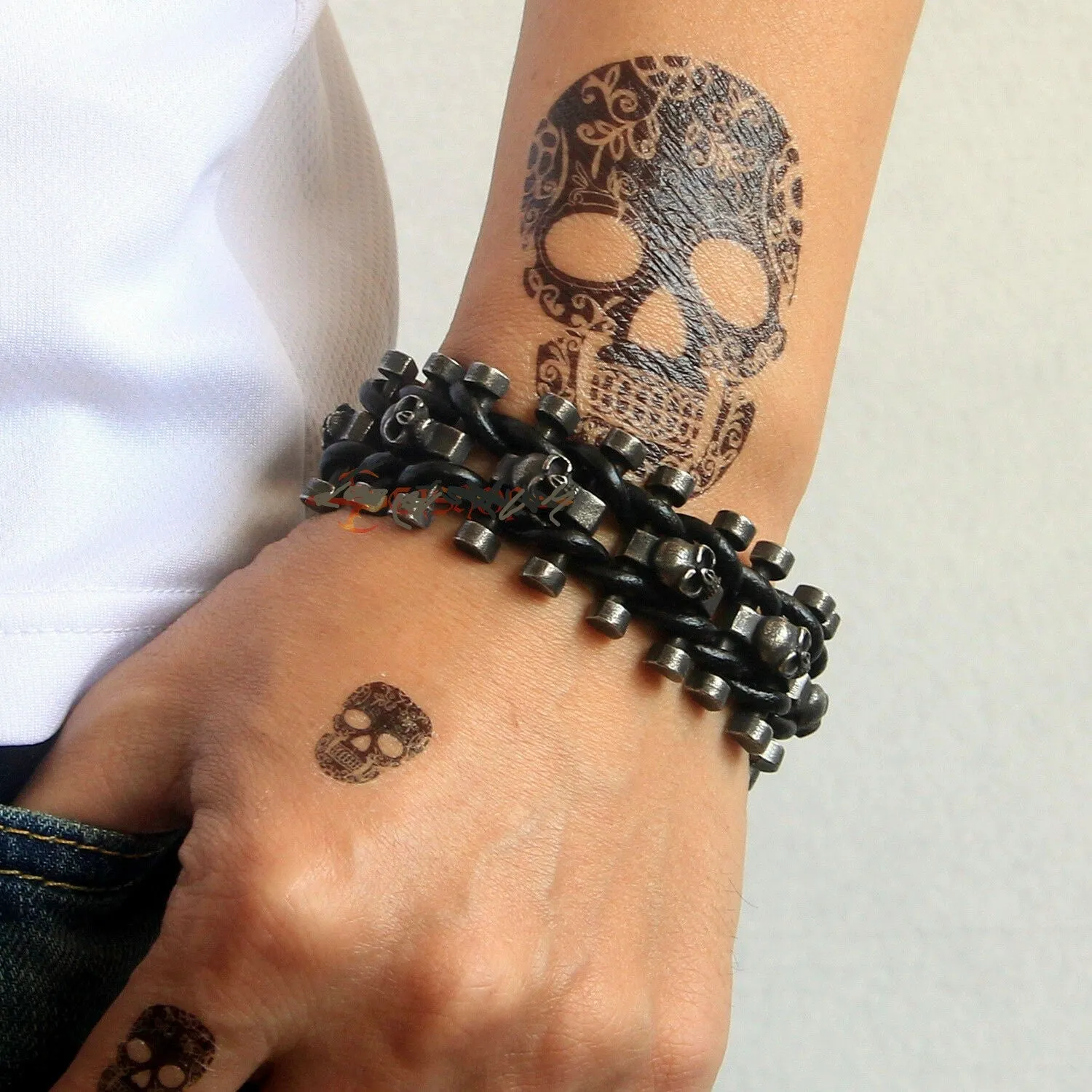 Gunmetal Stainless Steel Leather Skull Biker Chain Bracelet