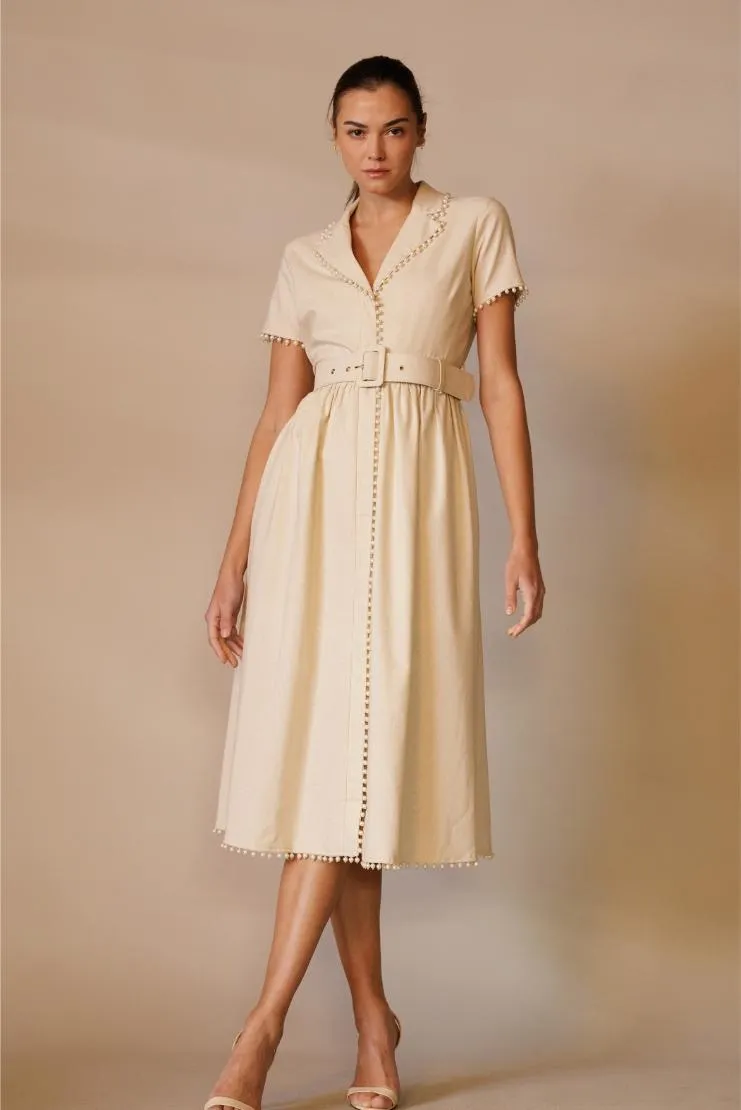 Mary Jane Pearl Trimmed Ivory Linen Midi Dress