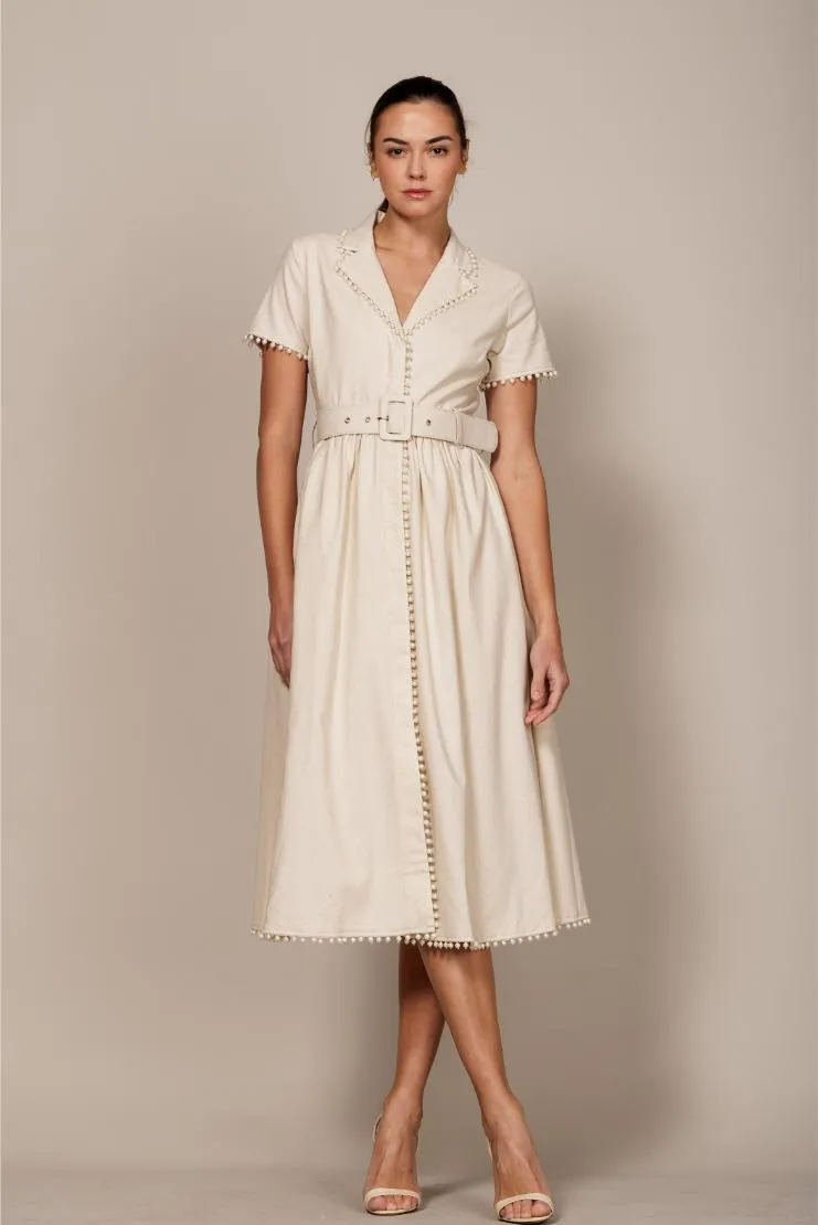 Mary Jane Pearl Trimmed Ivory Linen Midi Dress