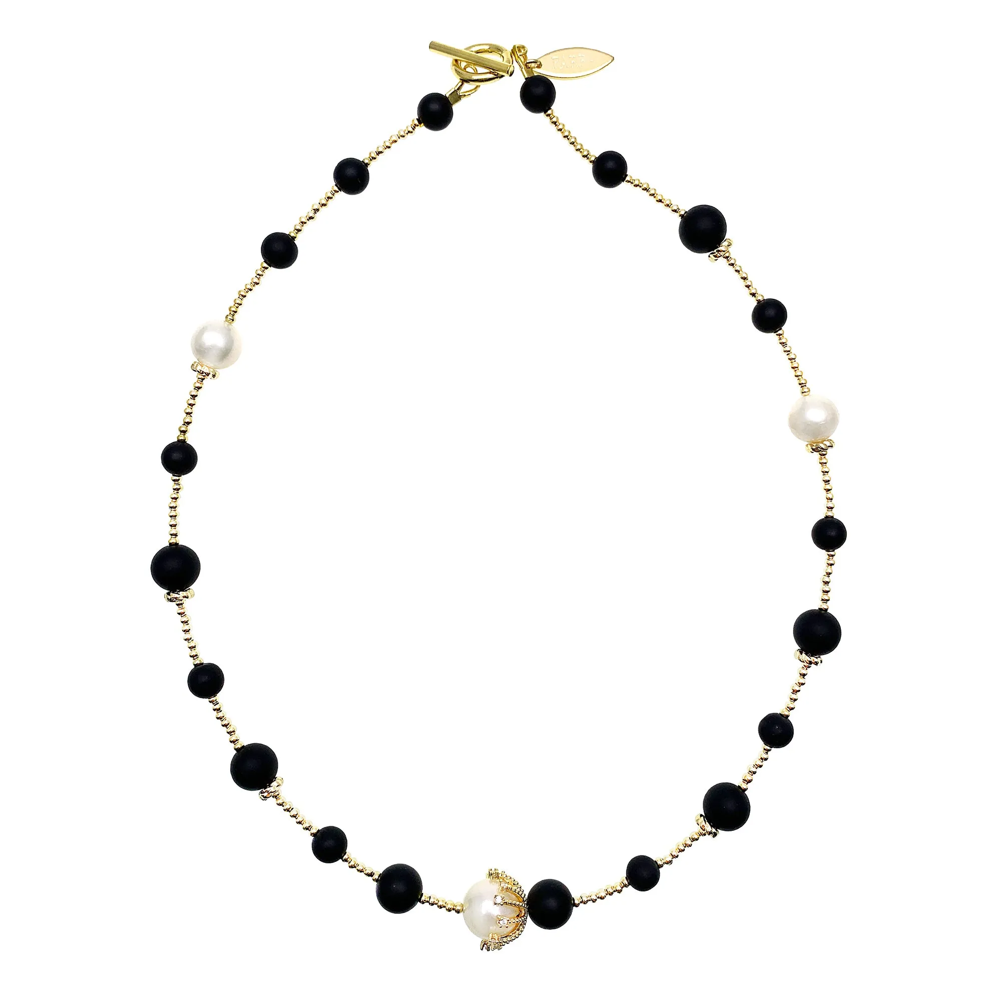 Matte Black Agate & Freshwater Pearls Double Layers Bracelet/ Choker HB008