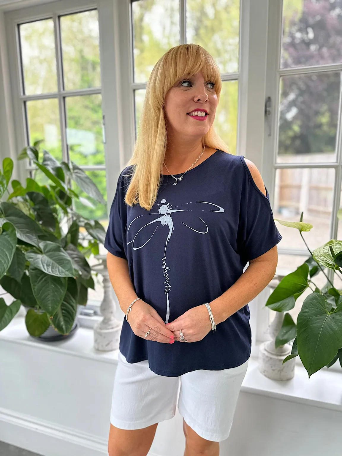 Navy Dragonfly Warrior Cold Shoulder Top Lisa