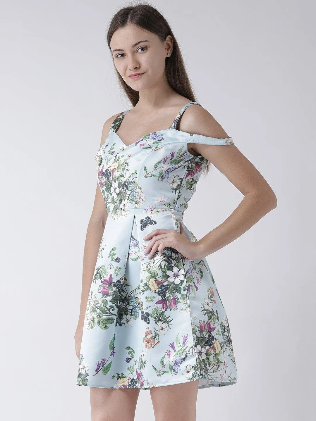 Pastel Blue Cold Shoulder Floral Printed Dress