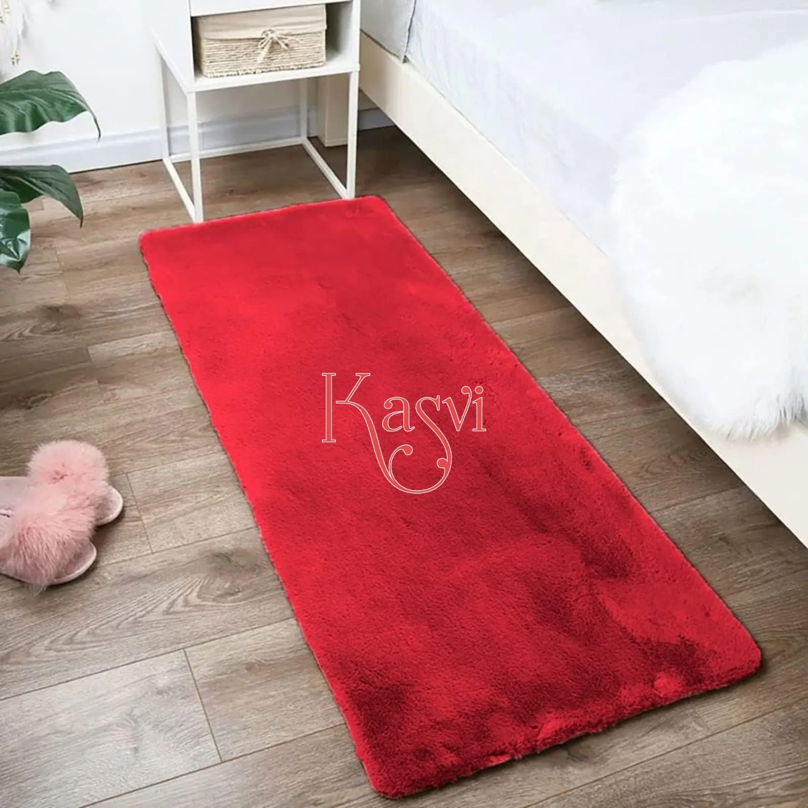 Red  Shade Super Soft Faux Rabbit Fur Bed Side Runner -GIR001BSR