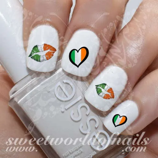 Saint Patrick's day Nail Art Irish Flag Heart Kiss Lips Nail Water Decals Water Slides