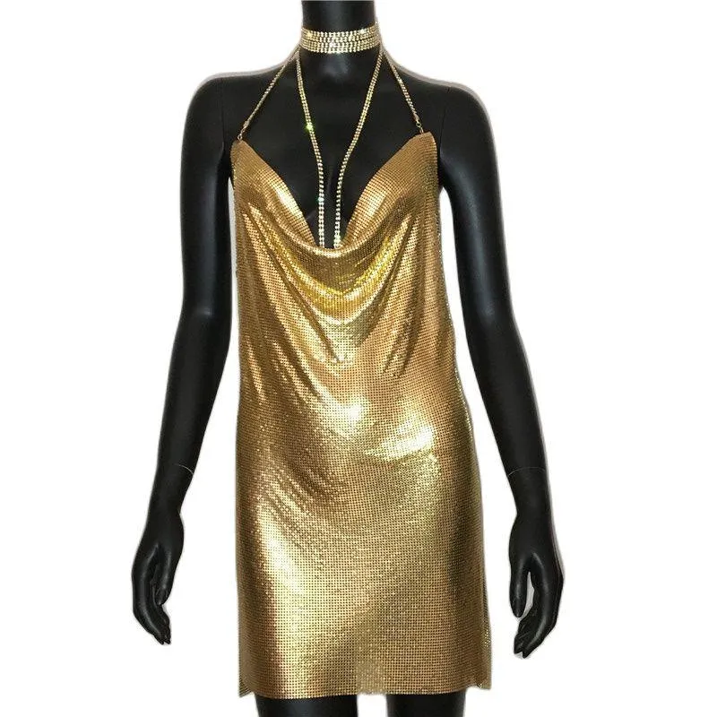 Sexy Gold Sequined Patchwork Mini Dress