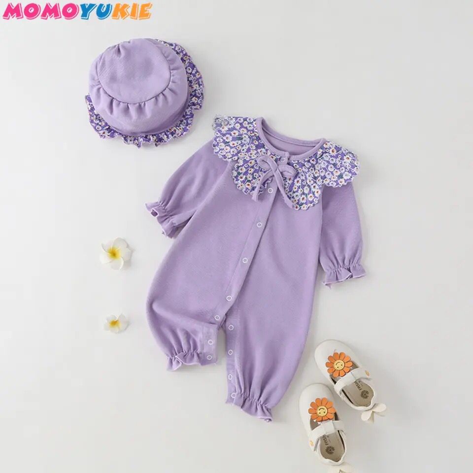 Spring Fall Baby Girl Romper Sweet Purple Daisy Doll Collar Single Breasted Long Sleeve Baby Rompers+hat Baby Clothes S4389405