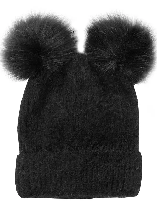 Super Soft Knit Beanie with Double Faux Fur Poms