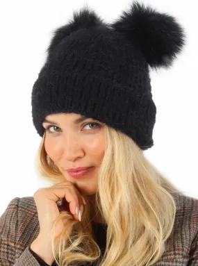 Super Soft Knit Beanie with Double Faux Fur Poms