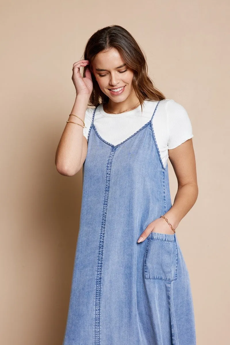 The Harley Pocket Detail Overall Dress in Denim Blue