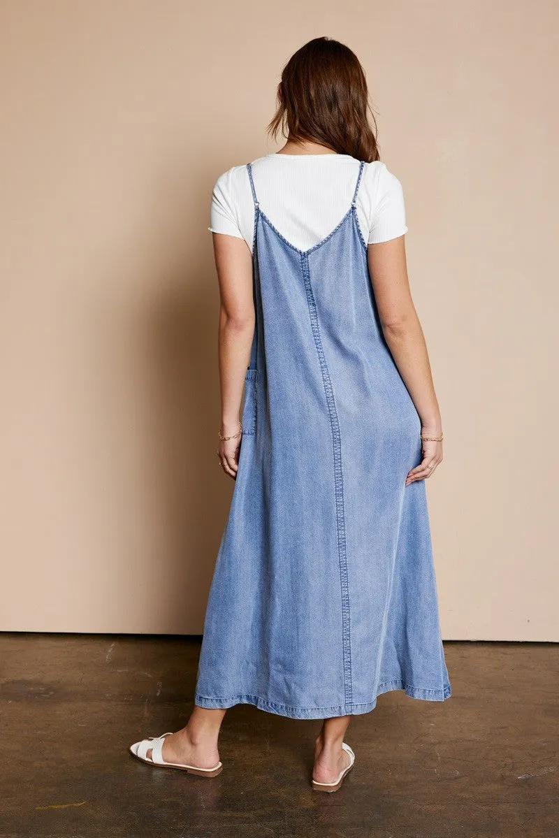 The Harley Pocket Detail Overall Dress in Denim Blue