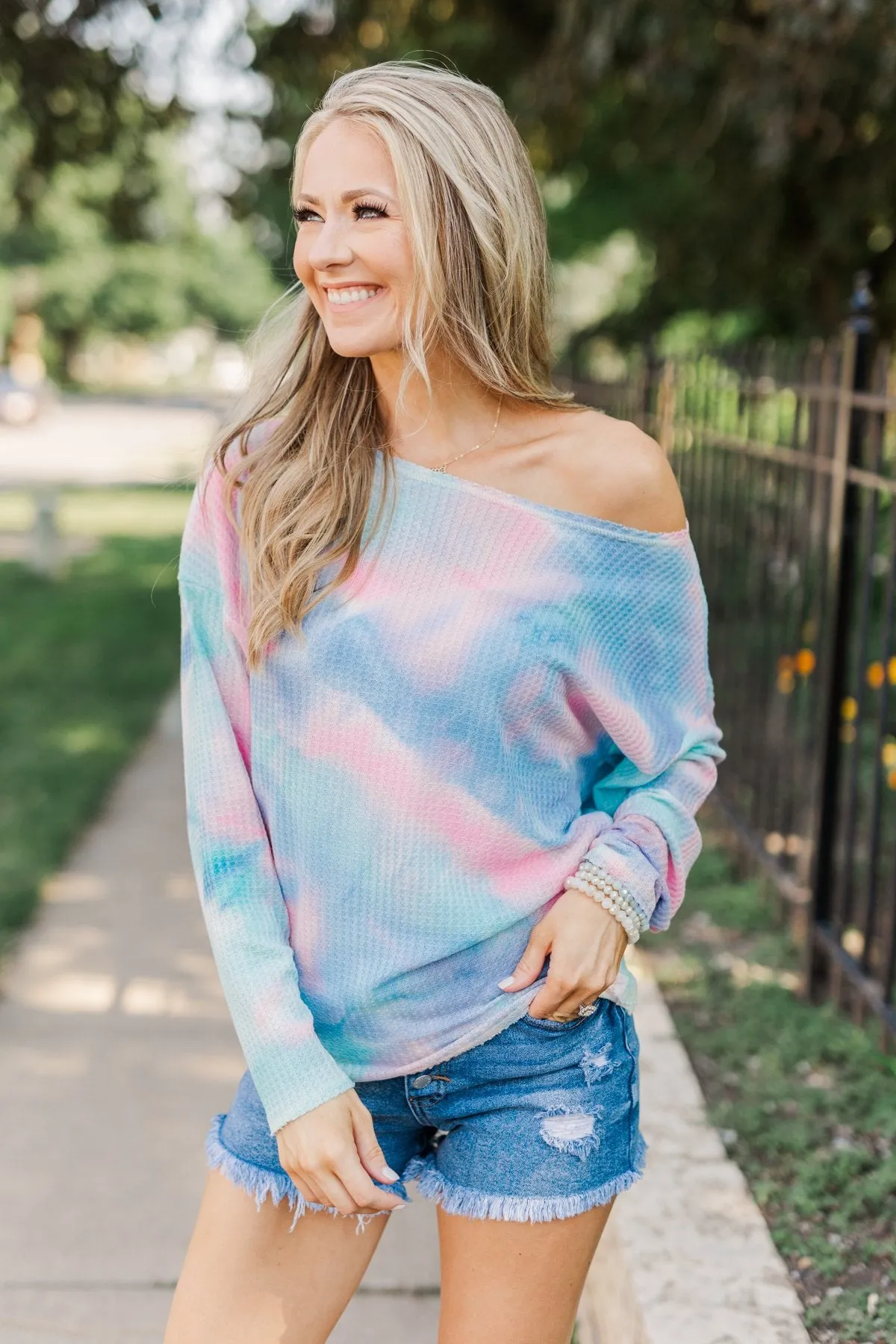 Time Will Tell Tie Dye Thermal Top- Blue & Pink