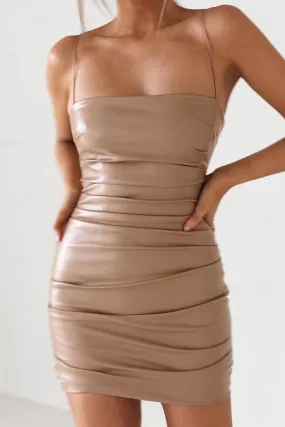 Vegan Leather Mini Dress - Tan