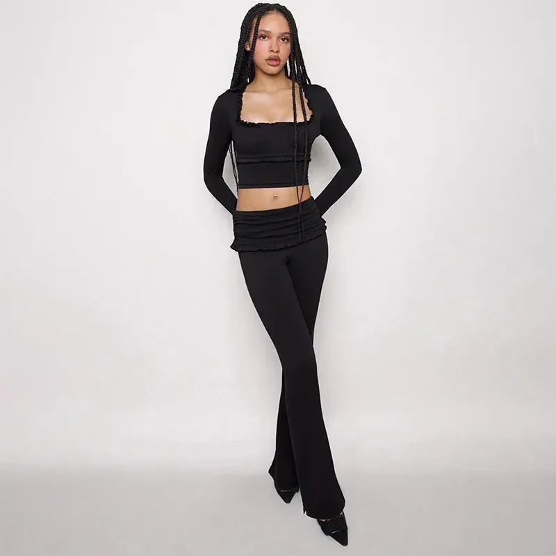 Women's Winter Ruffle Long Sleeve Crop Top Flare Pants Two Piece Set