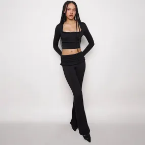 Women's Winter Ruffle Long Sleeve Crop Top Flare Pants Two Piece Set