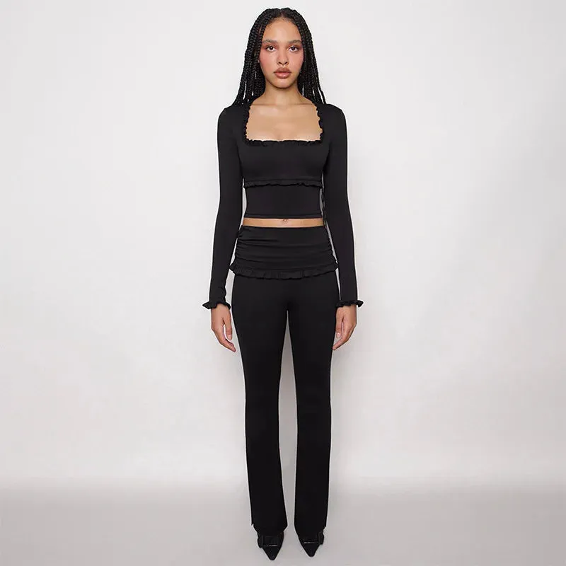 Women's Winter Ruffle Long Sleeve Crop Top Flare Pants Two Piece Set