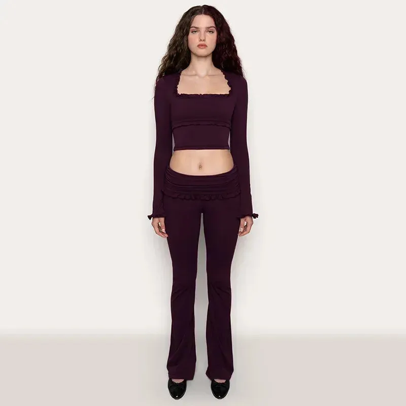 Women's Winter Ruffle Long Sleeve Crop Top Flare Pants Two Piece Set