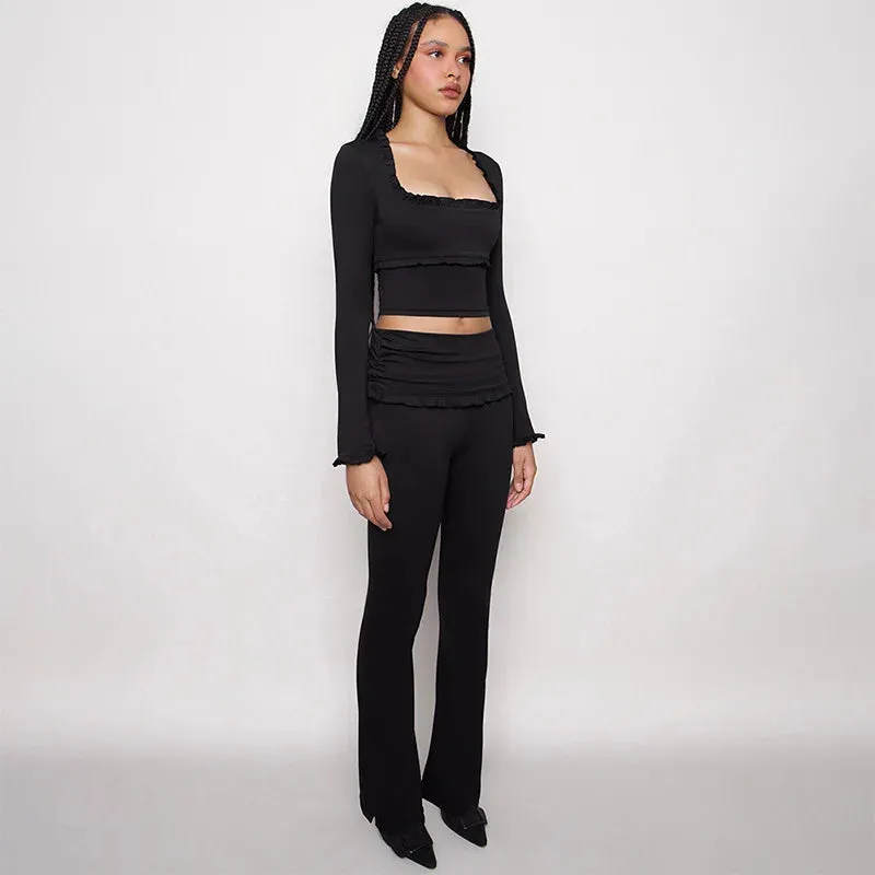 Women's Winter Ruffle Long Sleeve Crop Top Flare Pants Two Piece Set